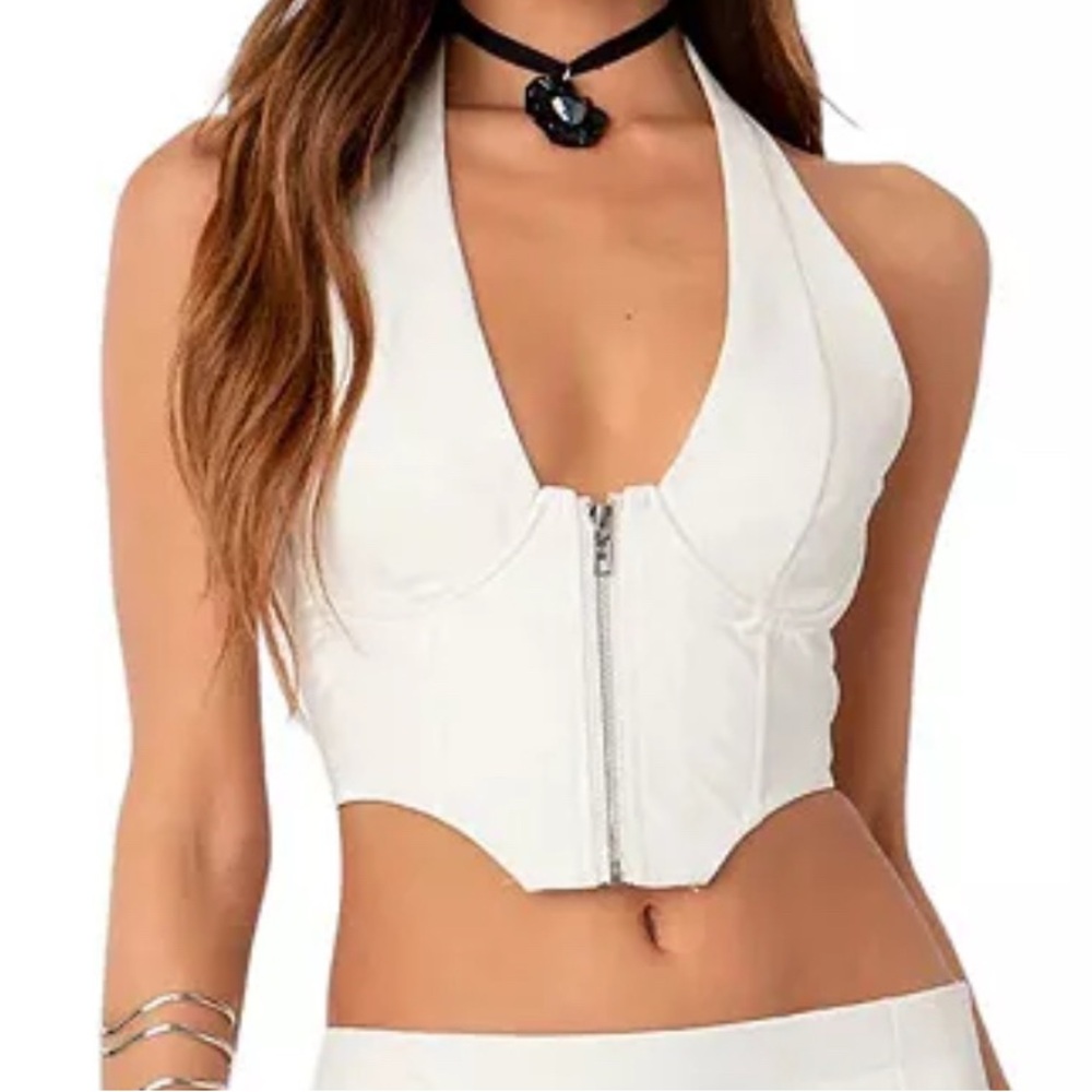 White Halter Zip-Up Crop Top